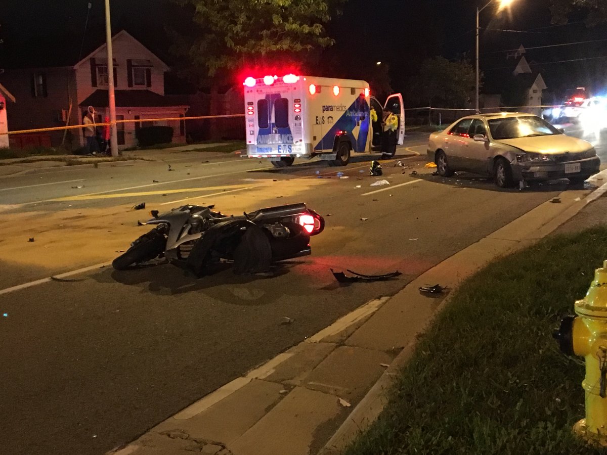 The scene of a motorcycle crash near Scarlett Road and Hill Garden Road in Etobicoke Friday evening.