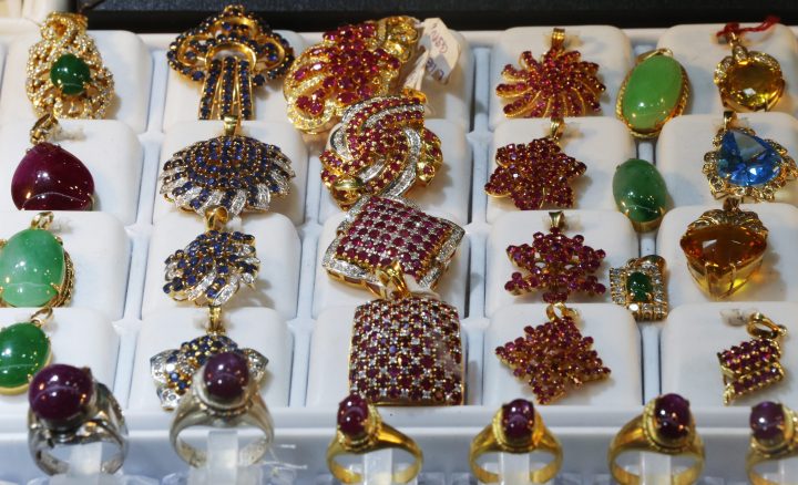 Gemstone jewellery is displayed prior to an auction, during the 55th Myanmar Gems Emporium in Naypyitaw, Myanmar, 20 June 2018.