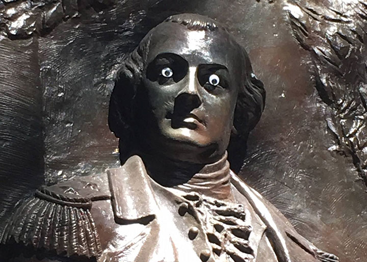 City officials in Savannah, Ga., are ticked off after a vandal placed googly eyes on a 15-metre tall statue of Nathanael Greene.
