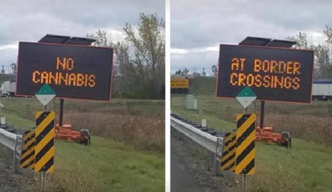 A sign on an Ontario highway warn drivers to not bring pot to border crossings, Oct. 17, 2018.