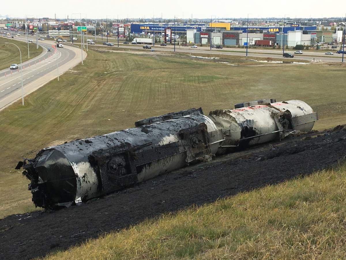 A semi lost its load on a south Edmonton flyover Oct. 1, 2018.