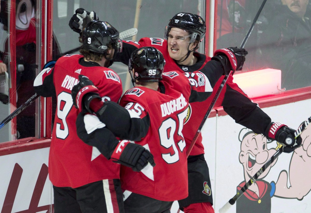 The Senators announced their leadership group Wednesday for their first season since 2014-15 that Karlsson has not worn the 'C.' Ottawa Senators right wing Mark Stone (61) and centre Matt Duchene (95) congratulate teammate right wing Bobby Ryan on his goal in the first period of NHL action against the New York Rangers, in Ottawa on Wednesday, Dec. 13, 2017. Forwards Stone and Duchene will serve as alternate captains.