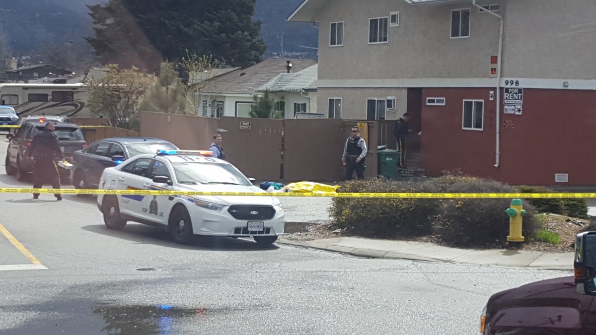 Penticton RCMP respond to a shooting at an apartment building on Creston Ave. on April 26, 2017.