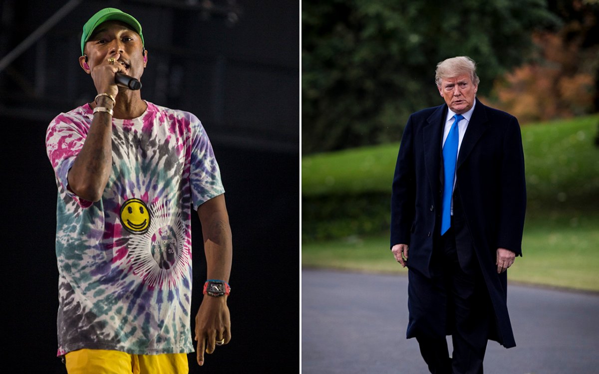 (L-R) Pharrell Williams and U.S. President Donald Trump.