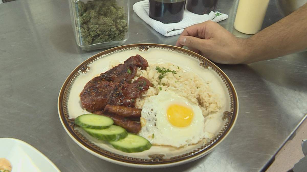 Pineda shows off a Filipino breakfast made with cannabis oil.