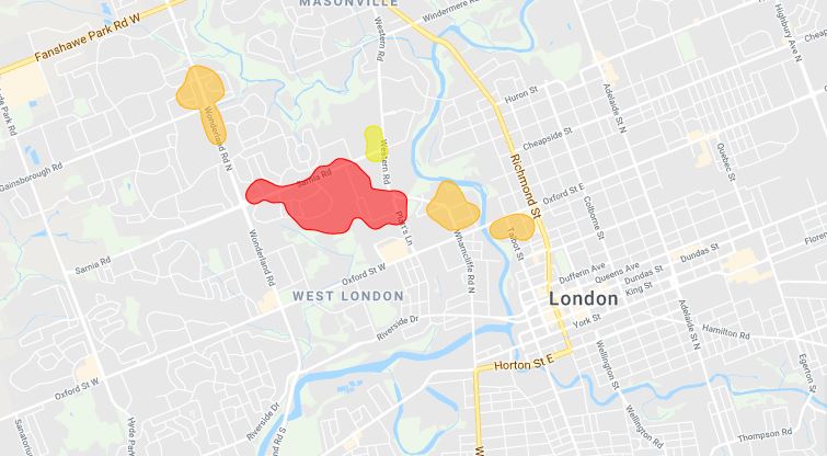 Nearly 1,500 customers are without power because of scattered outages northwest London. 