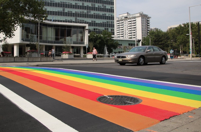 Hamilton's first rainbow flag crosswalk was installed in front of Hamilton City Hall.