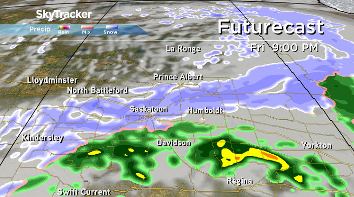 Rain transitions over to snow Friday evening in Saskatoon.