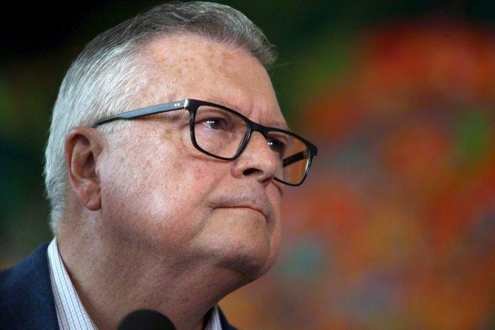 Minister Ralph Goodale speaks to media at the Vancouver Island Conference Centre during the Liberal cabinet retreat in Nanaimo, B.C., on Tuesday, August 21, 2018. 