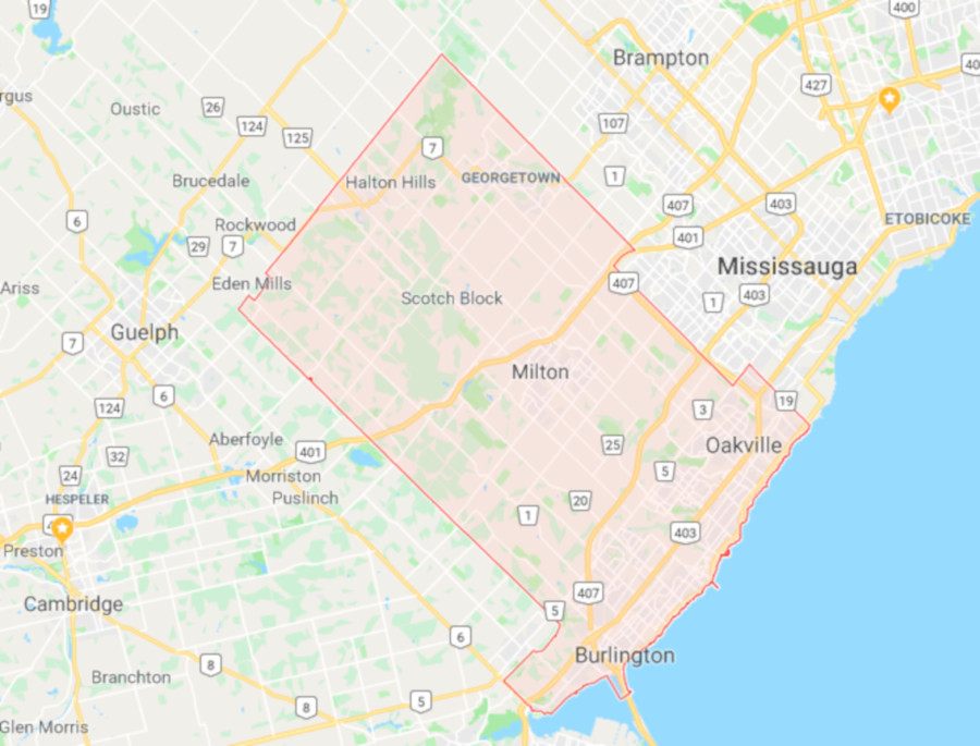 The Regional Municipality of Halton is made up by the city of Burlington and the towns of Oakville, Milton, and Halton Hills.