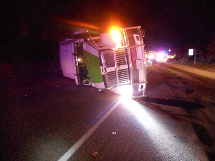 This tipped-over semi blocked traffic on the Trans-Canada Highway near Three Valley Gap for more than three hours on Wednesday night.