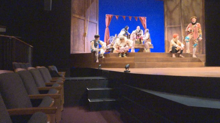 Seats have been removed and the stage has been extended allowing a more intimate and immersive audience experience for audience members of “Rosencrantz and Guildenstern are Dead.”