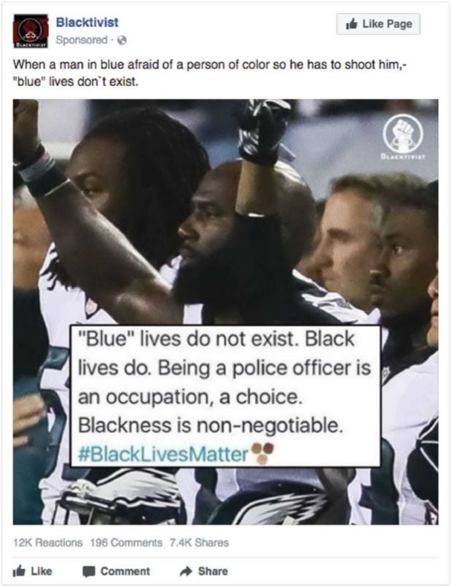 A Facebook ad that was produced by the troll factory. In November, Facebook testified to Congress that it had linked over 80,000 pieces of divisive content back to the agency.