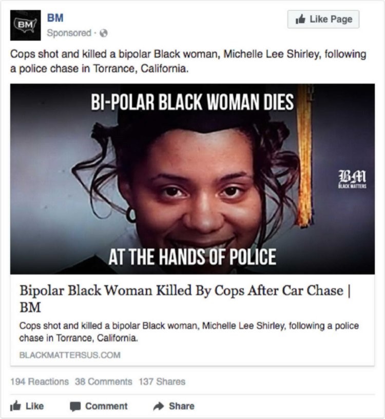 A Facebook ad that was produced by the troll factory.