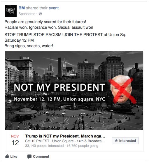 A Facebook ad that was produced by the troll factory.