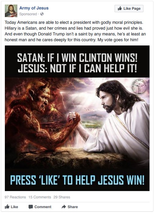 A Facebook ad that was produced by the troll factory.