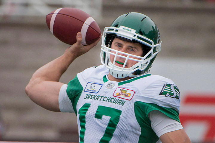 Saskatchewan Roughriders' Zach Collaros sends the ball forward during first half CFL action against the Montreal Alouettes, in Montreal on Sunday, Sept. 30, 2018.