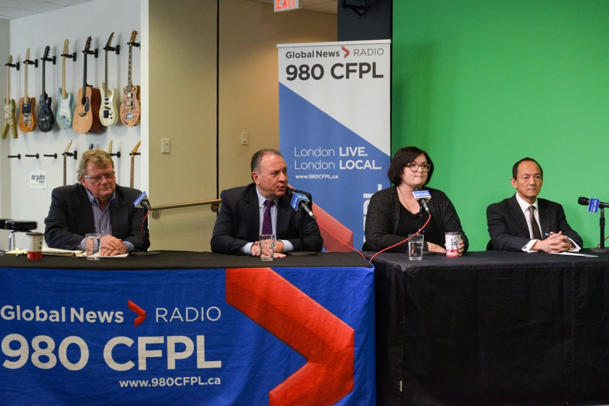 (From left to right) Candidates Ed Holder, Paul Paolatto, Tanya Park, and Paul Cheng attend the second and final mayoral debate hosted by 980 CFPL on Thursday, Oct. 11, 2018.
