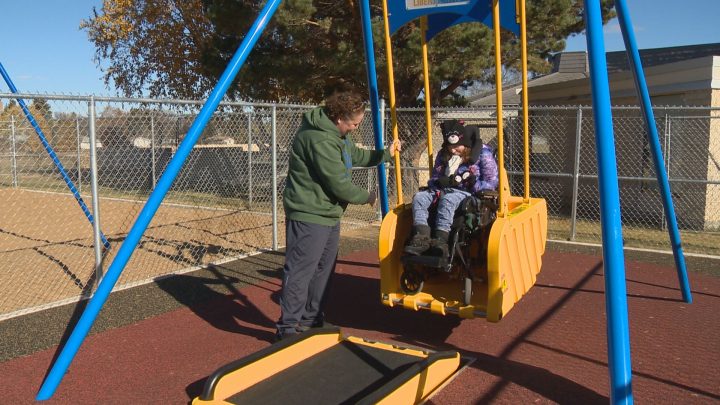 Wheelchair swing at the John Dolan School sensory playground.