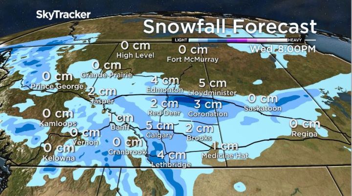 Forecast models suggest Calgary could see between 5 to 15 centimetres of snow by Wednesday.