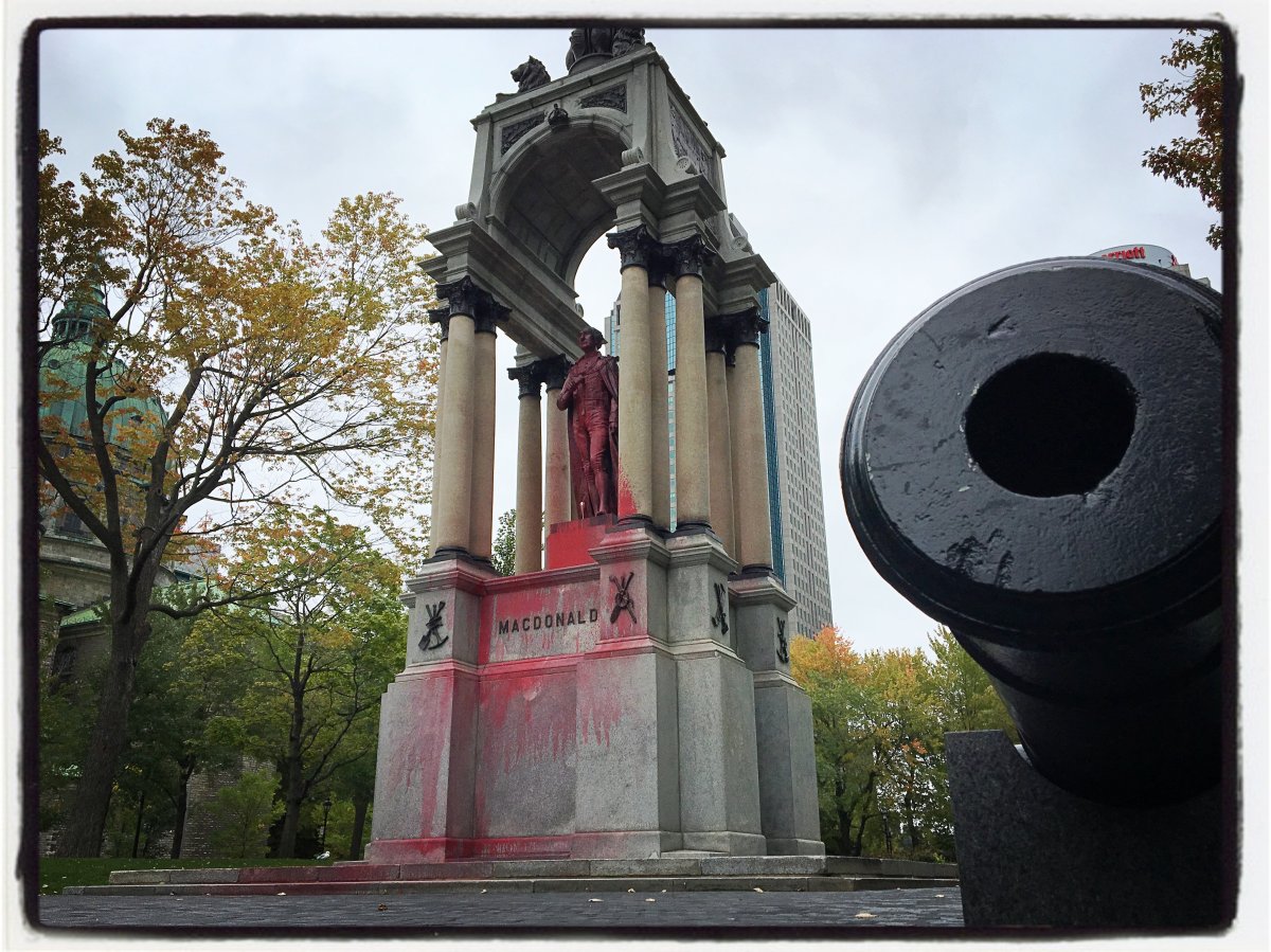 A downtown Montreal statue of Sir John A. Macdonald was defaced, once again on Thanksgiving weekend. Sunday October 7, 2018. 