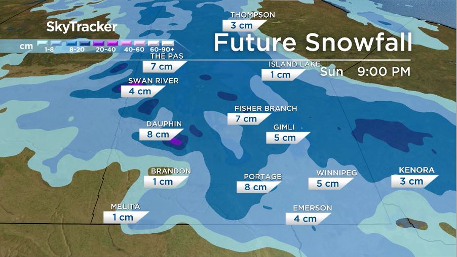GFS model showing expected snow totals by Sunday night.