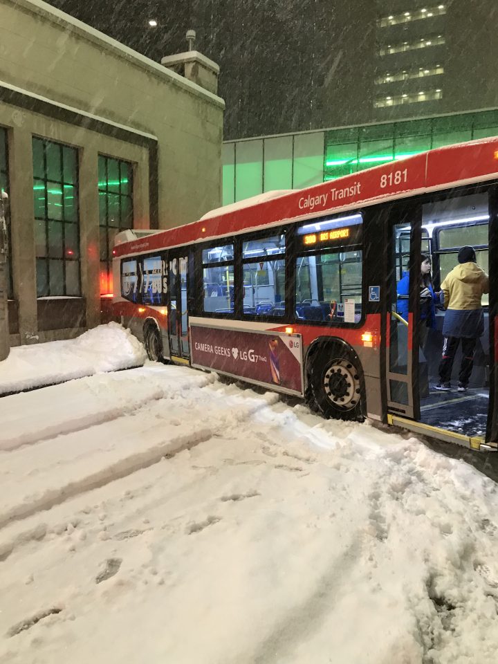 A stuck Calgary Transit bus on Oct. 2, 2018.  A snowy blast made for a challenging commute.