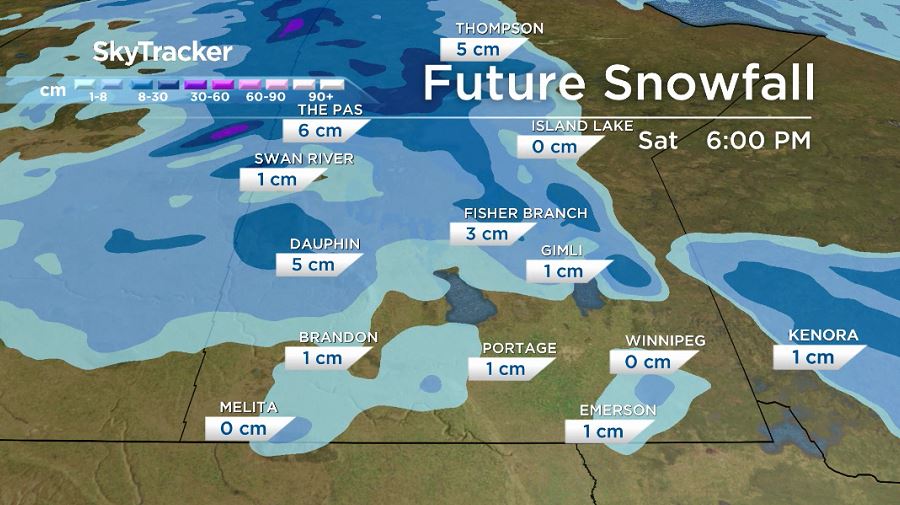 GEM model showing expected snowfall totals through Saturday afternoon.