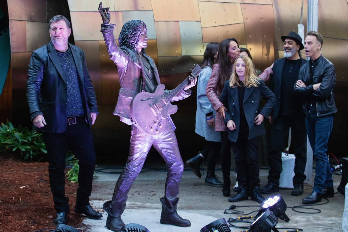 Ben Shepherd, Kim Thayil and Matt Cameron of Soundgarden attend the public unveiling of a statue of Chris Cornell at MoPOP on Oct. 7, 2018 in Seattle, Wash.