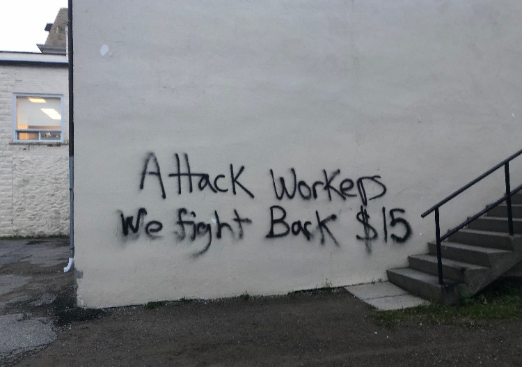 Walls of Laurie Scott’s constituency office in Lindsay were also spray painted.