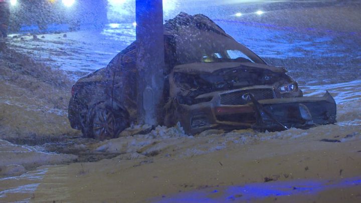 One person was taken to hospital after crashing into a light post on Stoney Trail on Tuesday night, police said.