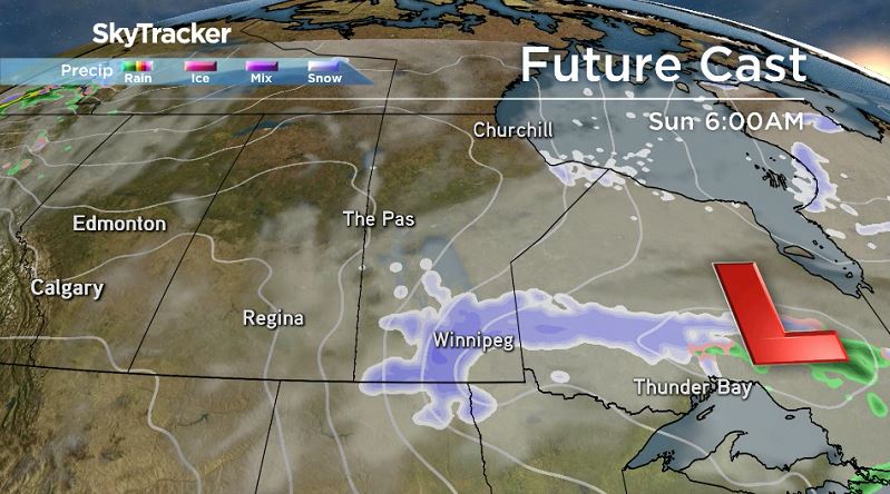 Future Cast showing snow returning to southern Manitoba on Sunday.