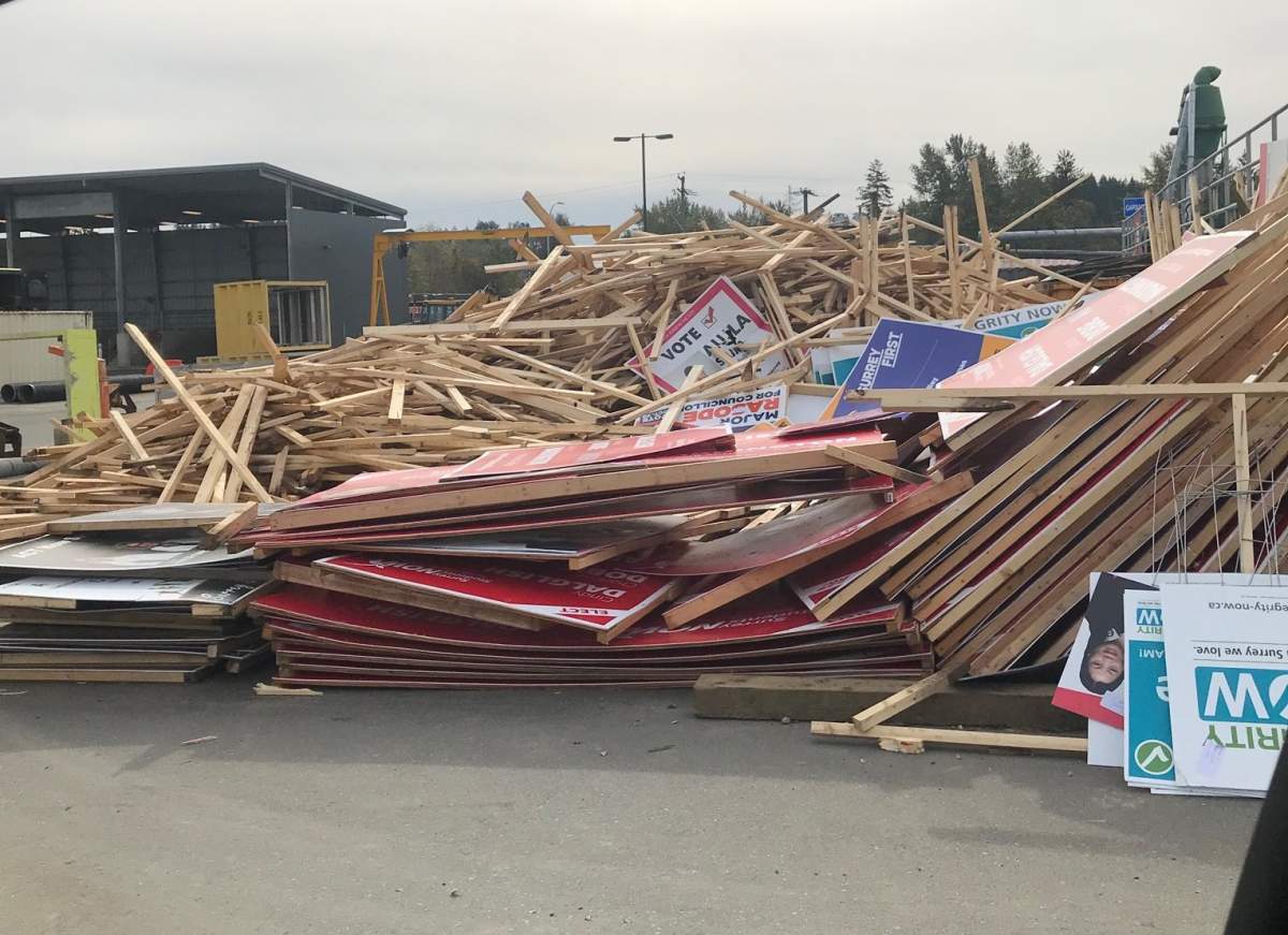 Hundreds of bylaw violating election signs that have been confiscated by the City of Surrey. 