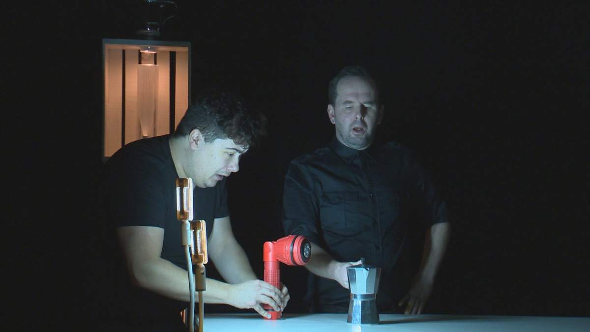 Actors play out a scene of the new production performed by theatre Outre: Sarpienze.