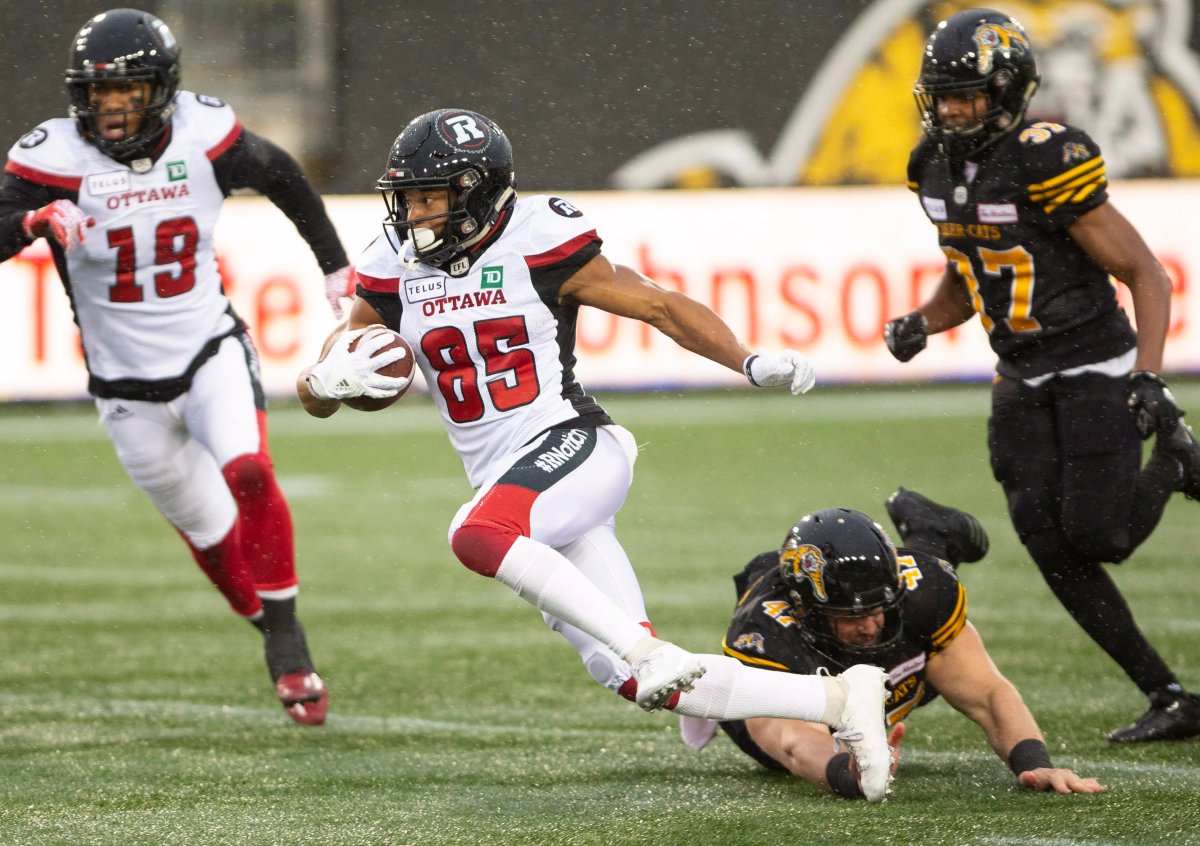 Ottawa Redblacks wide receiver Diontae Spencer (85) runs for a gain during first half CFL Football game action against the Hamilton Tiger-Cats in Hamilton, on Saturday, October 27, 2018.