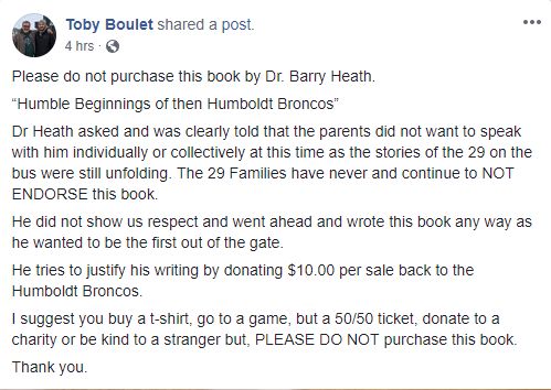 Toby Boulet post on Facebook.