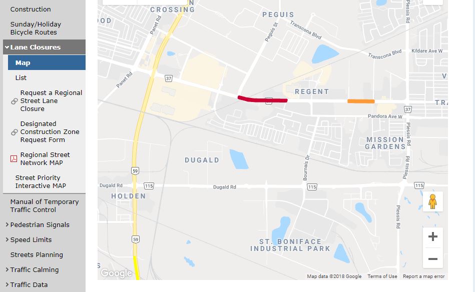 The city’s website shows active road closures, including Regent Avenue.