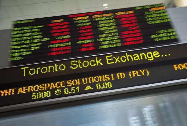 Financial numbers flow on the digital ticker tape at the TMX Group in Toronto's financial district on May 9, 2014. 
