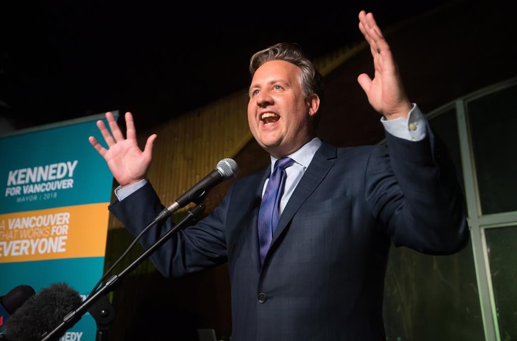Vancouver mayor-elect Kennedy Stewart addresses supporters in Vancouver on Sunday, Oct. 21, 2018. THE CANADIAN PRESS/Darryl Dyck.