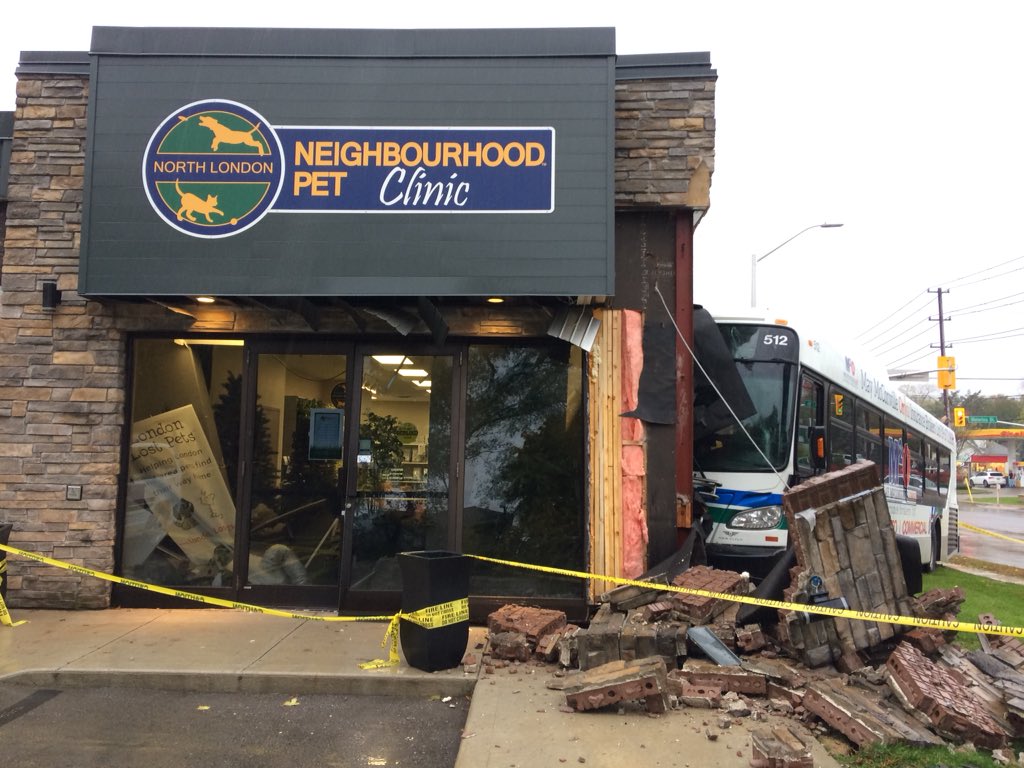 The exterior of the North London Neighbourhood Pet Clinic at 746 Waterloo St., which was heavily damaged after an LTC slammed into the side of the building on Tuesday, Oct. 30, 2018.