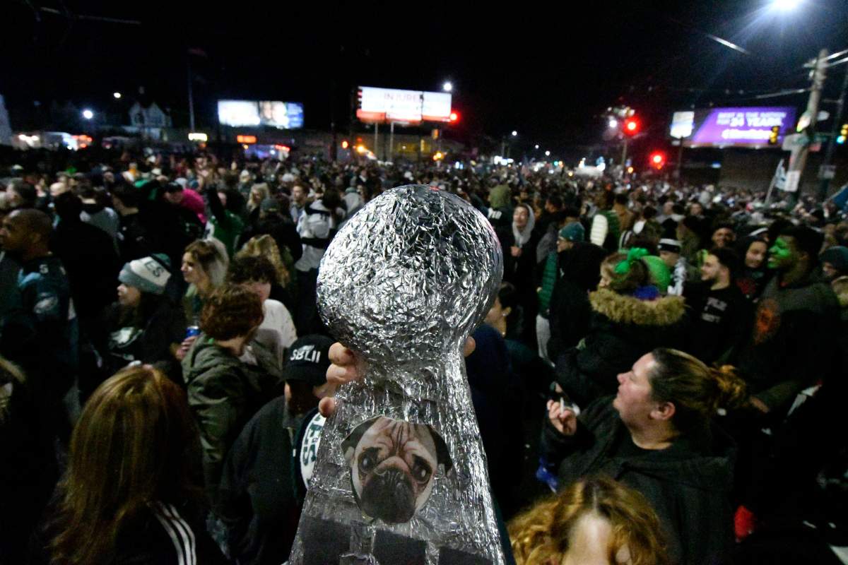 Fans celebrate after the Philadelphia Eagles won the Super Bowl LII, in Philadelphia, Pa., on Feb. 4, 2018.