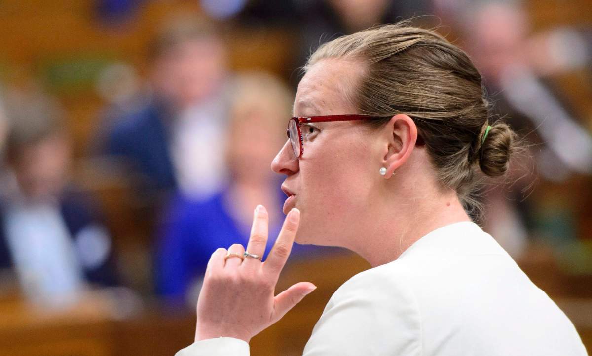 Democratic Institutions Minister Karina Gould stands during question period in the House of Commons on Parliament Hill in Ottawa on Thursday, May 24, 2018. 