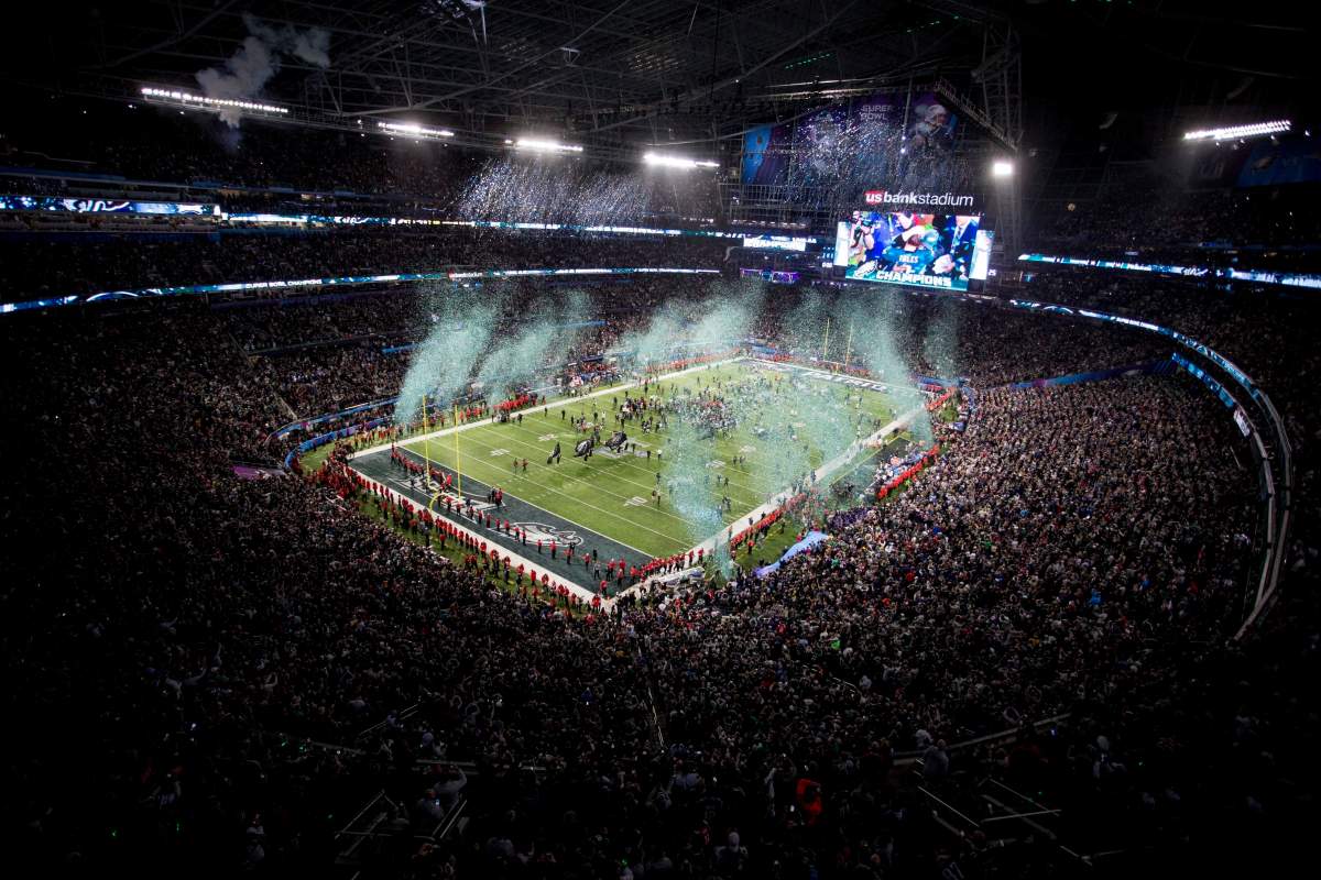 In this Feb. 4, 2018, file photo, the Philadelphia Eagles celebrate their 41-33 win over the New England Patriots at the NFL Super Bowl 52 football game, in Minneapolis. 