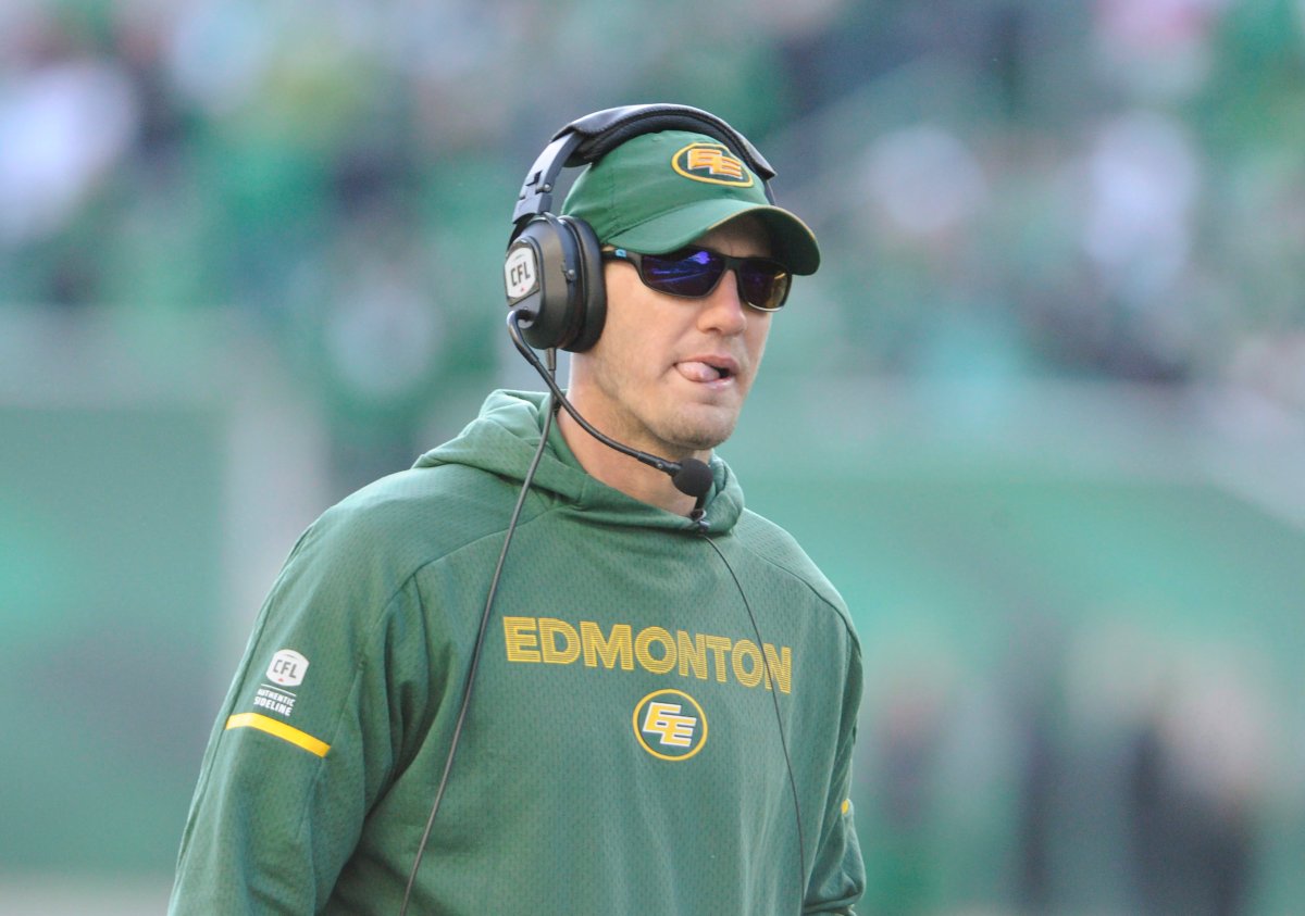 Edmonton Eskimos head coach Jason Maas waits for the review after using a flag during second half CFL action against the Saskatchewan Roughriders, in Regina on Monday, Oct. 8, 2018. 