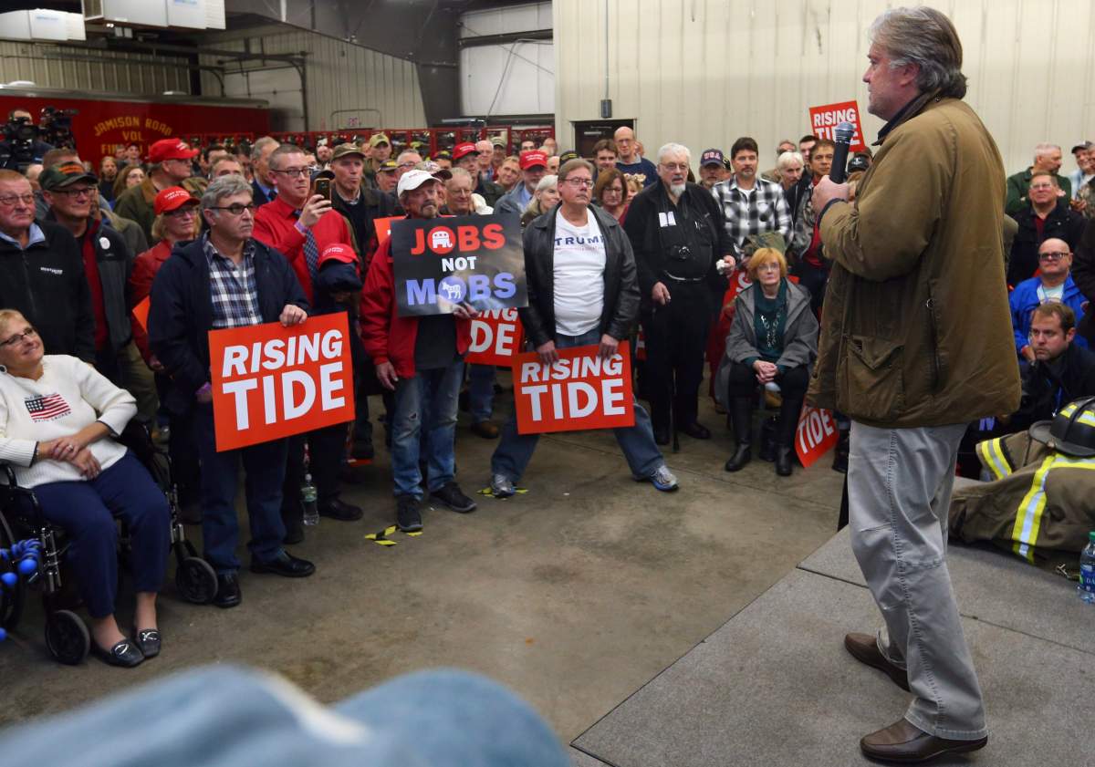 Former White House adviser Steve Bannon speaks during the Red Tide Rising Rally supporting Republican candidates, Wednesday, Oct. 24, 2018, in Elma, N.Y.