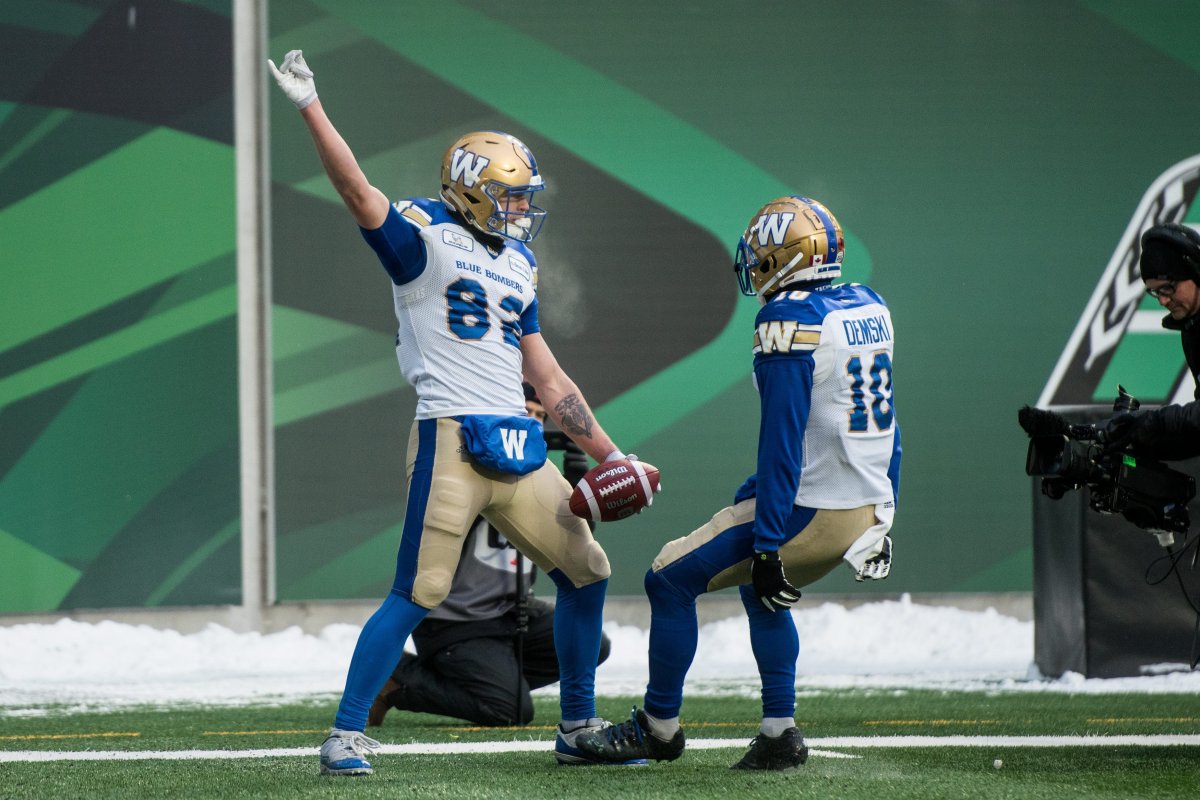 Winnipeg Blue Bombers wide receiver Drew Wolitarsky (82) celebrates a touchdown with receiver Nic Demski (10) during first half CFL action against the Saskatchewan Roughriders in Regina.