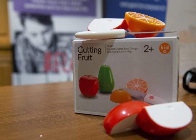 The Cutting Fruit toy is seen on a table during the W.A.T.C.H. (World Against Toys Causing Harm)press conference at the Franciscan Children’s Hospital in Boston, Massachusetts, Nov. 13, 2018.