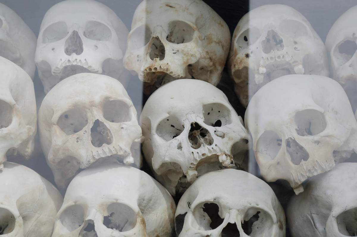 The remains of victims who died during the Khmer Rouge regime are on display at the Choeung Ek Genocidal Center, on the outskirts of Phnom Penh, Cambodia, Nov. 15, 2018. 