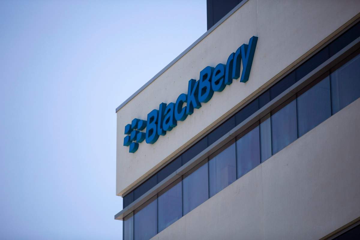 The Blackberry logo located in the front of the company's B building in Waterloo, Ont. on Tuesday, May 29, 2018. 