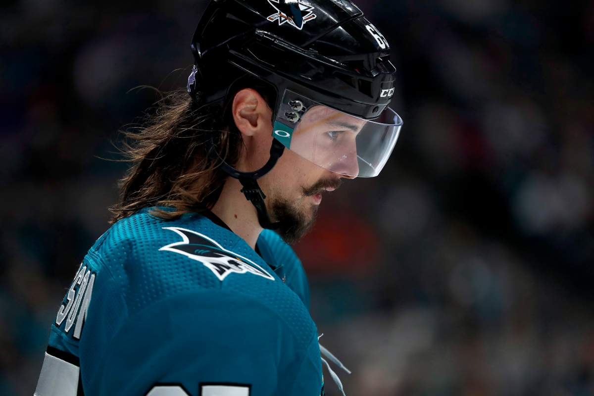 San Jose Sharks defenseman Erik Karlsson (65) lines up for a face-off against the St. Louis Blues during the third period of an NHL hockey game in San Jose, Calif., Saturday, Nov. 17, 2018. San Jose won 4-0.